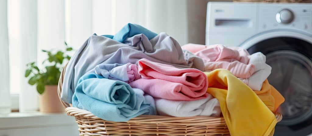 washing machine filled with colorful towels and laundry door open